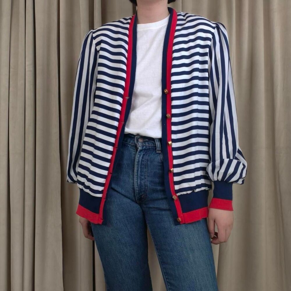 Vintage Striped Navy and White Cardigan with Red Trim
